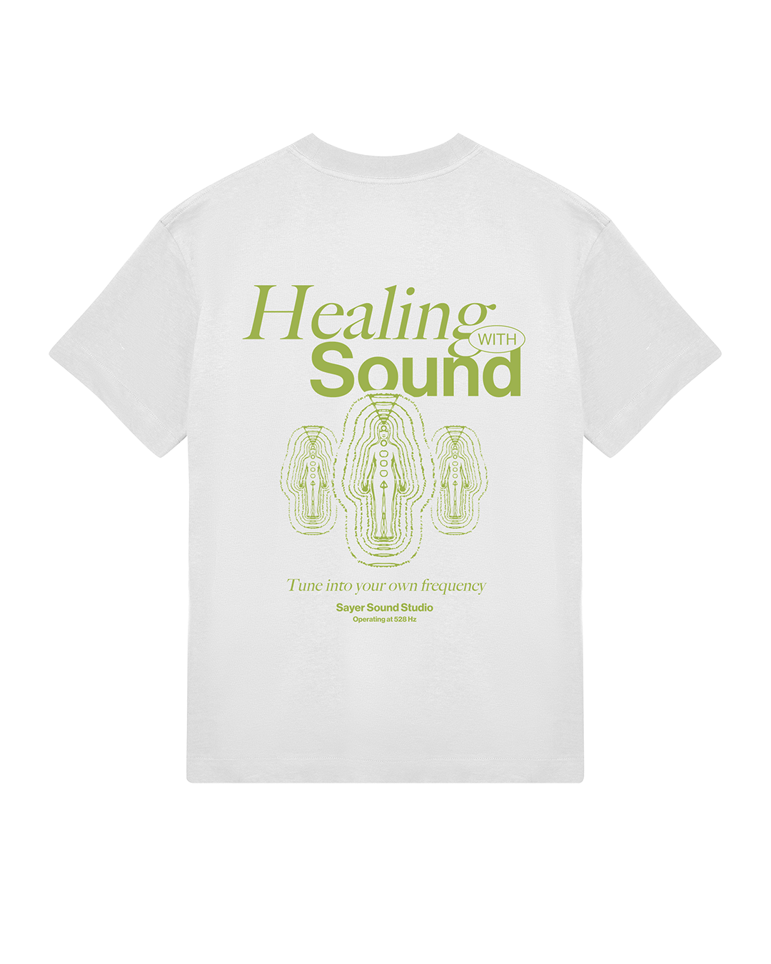 Mens Healing with Sound Tee White with Green Print