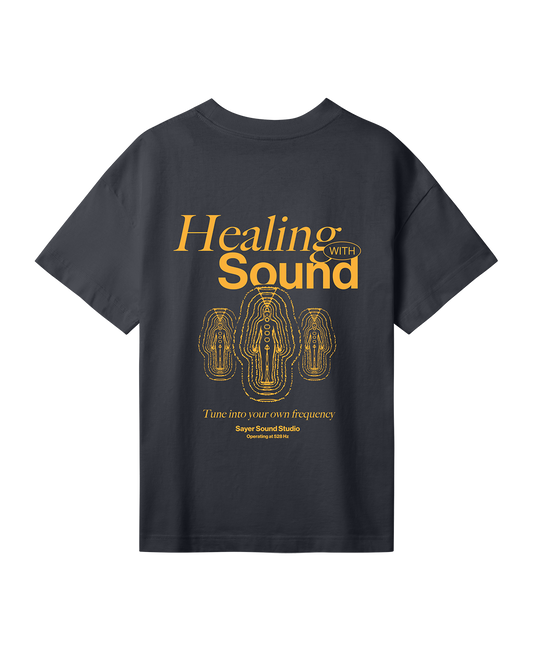 Womens Healing with Sound Tee Black with Orange Print