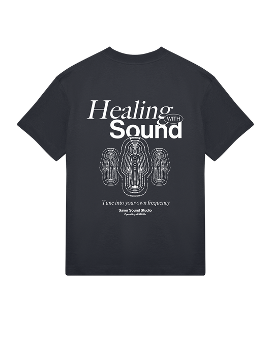 Mens Healing with Sound Tee Black with White Print