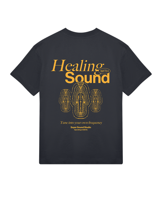 Mens Healing with Sound Tee Black with Orange Print