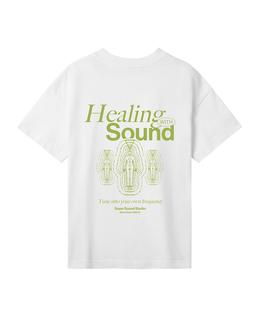 Womens Healing with Sound Tee White with Green Print