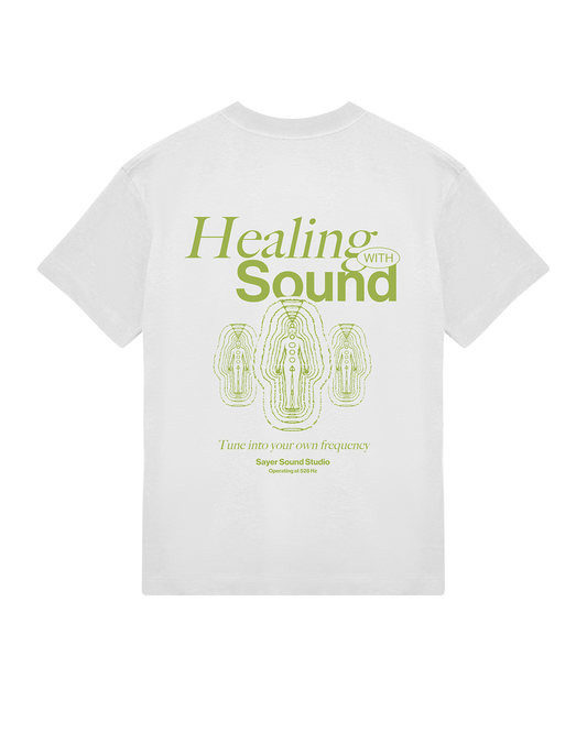Mens Healing with Sound Tee White with Green Print