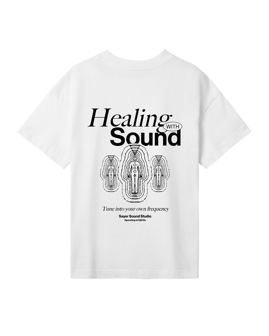 Womens Healing with Sound Tee White with Black Print